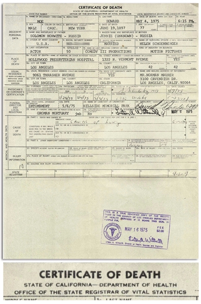 Moe Howard's Death Certificate, Stamped 16 May 1975, Certified Copy  -- Measures 8.5'' x 11'', Very Good to Near Fine Condition